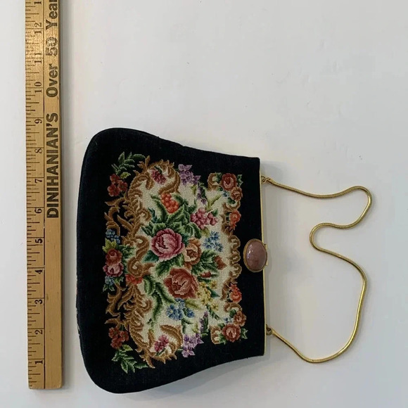 Vintage Floral Petit Point Rose Quartz Gold Filigree Embroidered Black Handbag - Picture 11 of 16